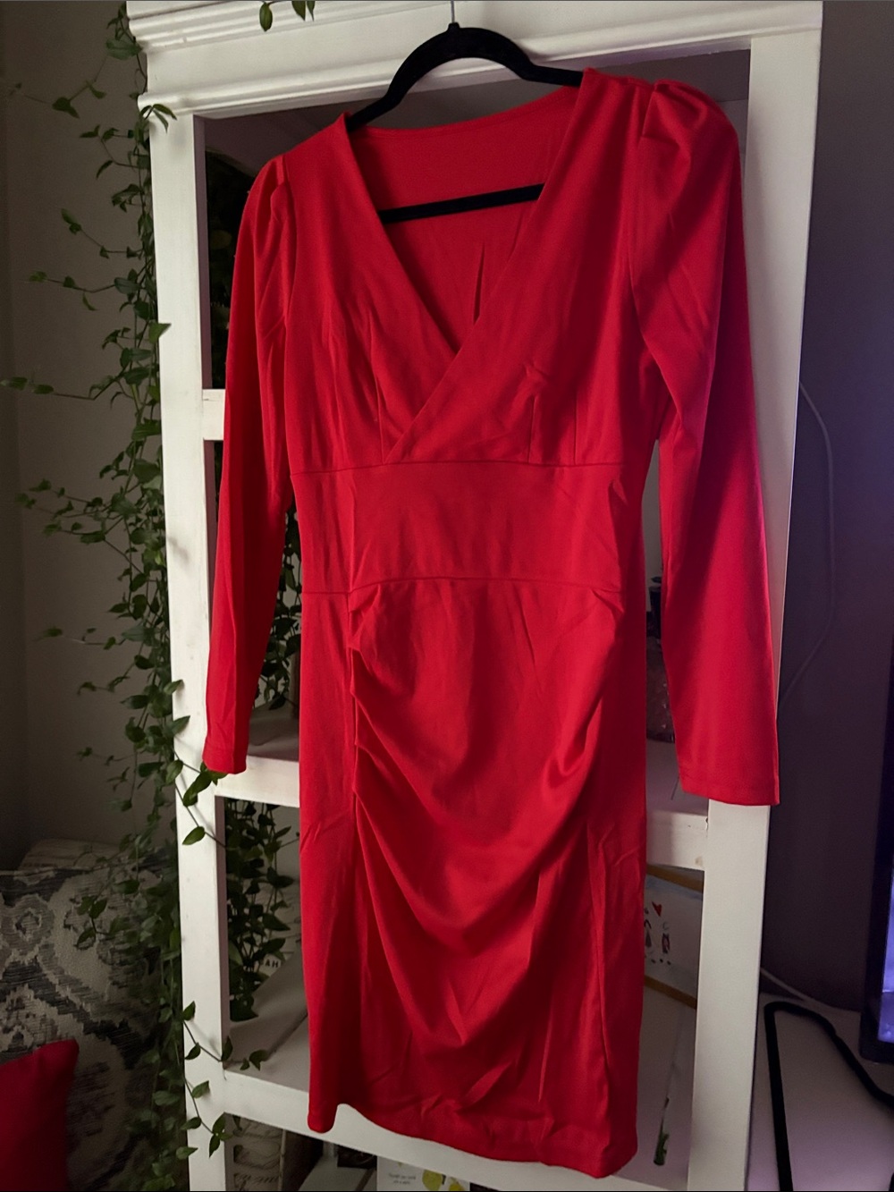 Source Unknown Red V-Neck Midi Dress with Long Sleeves